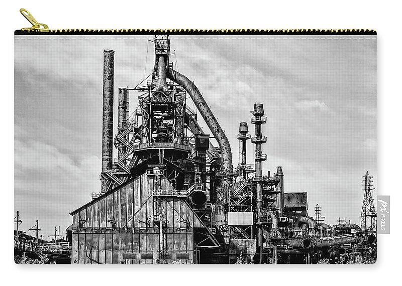 Steel Zip Pouch featuring the photograph Bethlehem Pa Steel Plant side View in Black and White by Bill Cannon