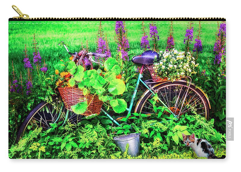 Appalachia Zip Pouch featuring the photograph Bicycle in the Flower Garden by Debra and Dave Vanderlaan