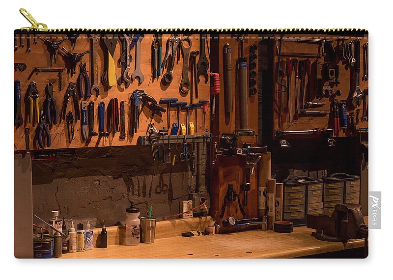 Bicycle Zip Pouch featuring the photograph Bicycle Shop Bench by Derek Dean