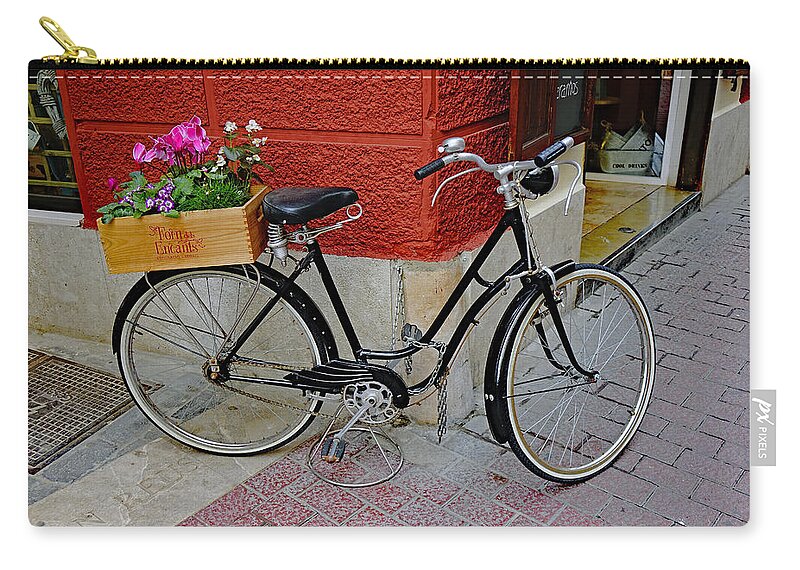 Bicycle Zip Pouch featuring the photograph Bicycle With Flowers In Palma Majorca Spain by Rick Rosenshein