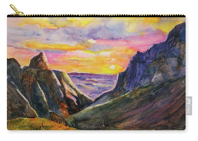 Big Bend Zip Pouch featuring the painting Big Bend Texas Window Trail Sunset by Carlin Blahnik CarlinArtWatercolor
