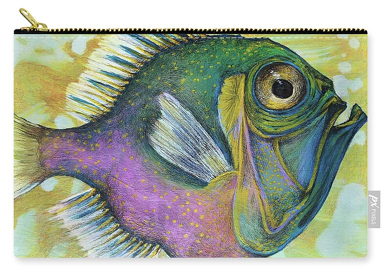Big Eye Fish Carry-all Pouch featuring the mixed media Big Yellow Eye by AnneMarie Welsh
