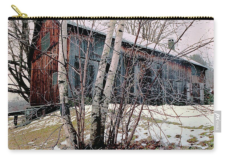 Nyoda Girls Camp Zip Pouch featuring the digital art Birch Trees with Antique Barn, Winter Dusk at Camp Nyoda 1988 by Kathy Anselmo