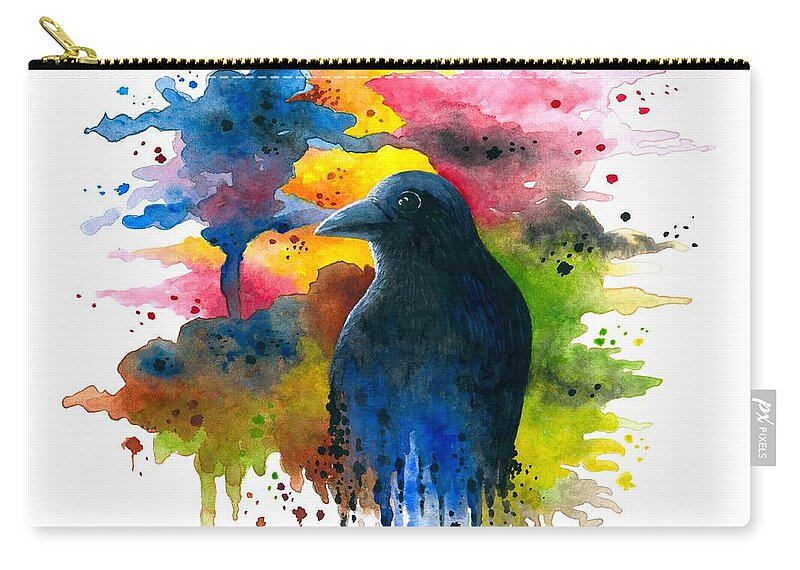 Bird Zip Pouch featuring the painting Bird 71 Crow Raven by Lucie Dumas