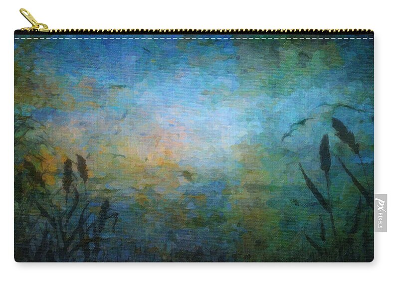 Blue Zip Pouch featuring the painting Birds over the Lake by Kathie Miller