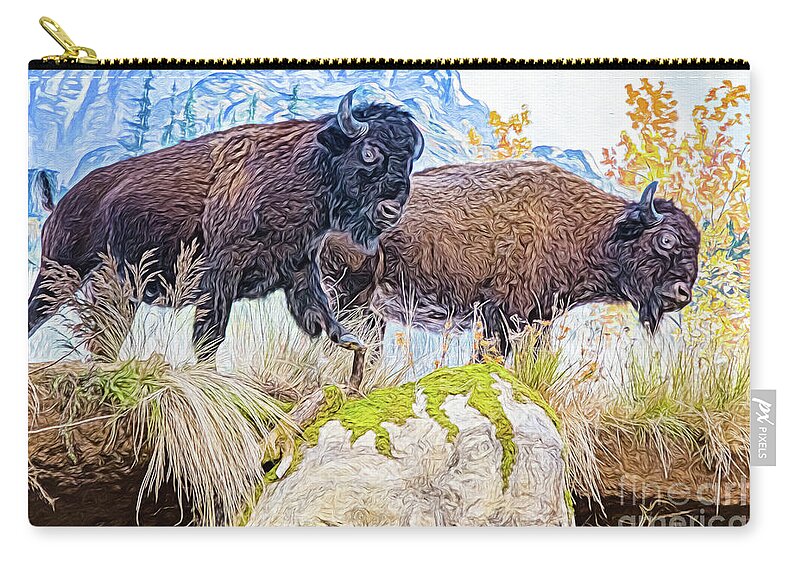 Animal Zip Pouch featuring the digital art Bison Pair by Ray Shiu