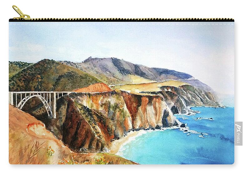 Bixby Bridge Zip Pouch featuring the painting Bixby Bridge Big Sur Coast California by Carlin Blahnik CarlinArtWatercolor