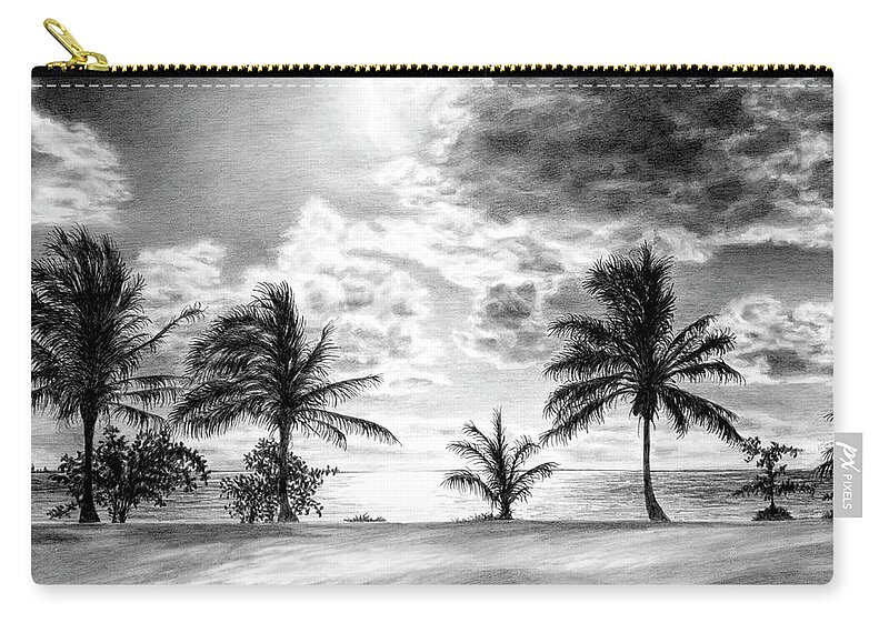 Sunset Zip Pouch featuring the drawing Black and White Caribbean Sunset by Kelli Swan