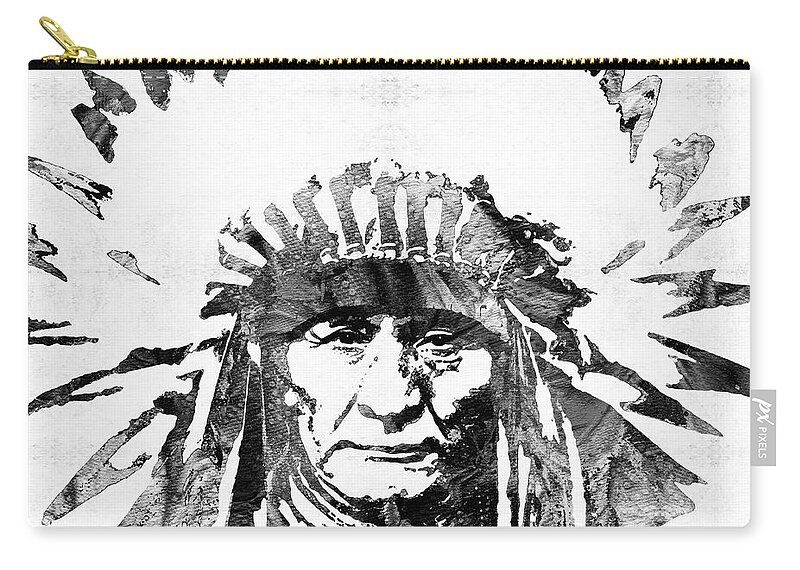 Native American Zip Pouch featuring the painting Black and White Native American Chief by Sharon Cummings