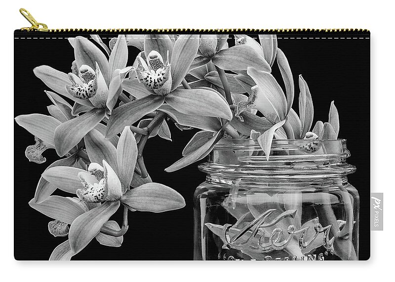 Orchid Carry-all Pouch featuring the photograph Black and White Orchid Antique Mason Jar by Kathy Anselmo