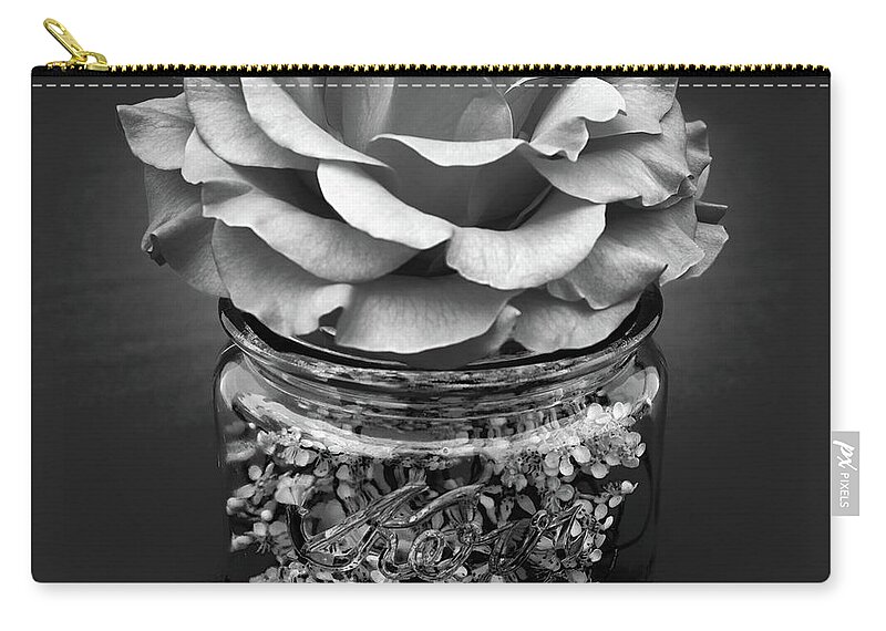 Rose Carry-all Pouch featuring the photograph Black and White Rose Antique Mason Jar 2 by Kathy Anselmo