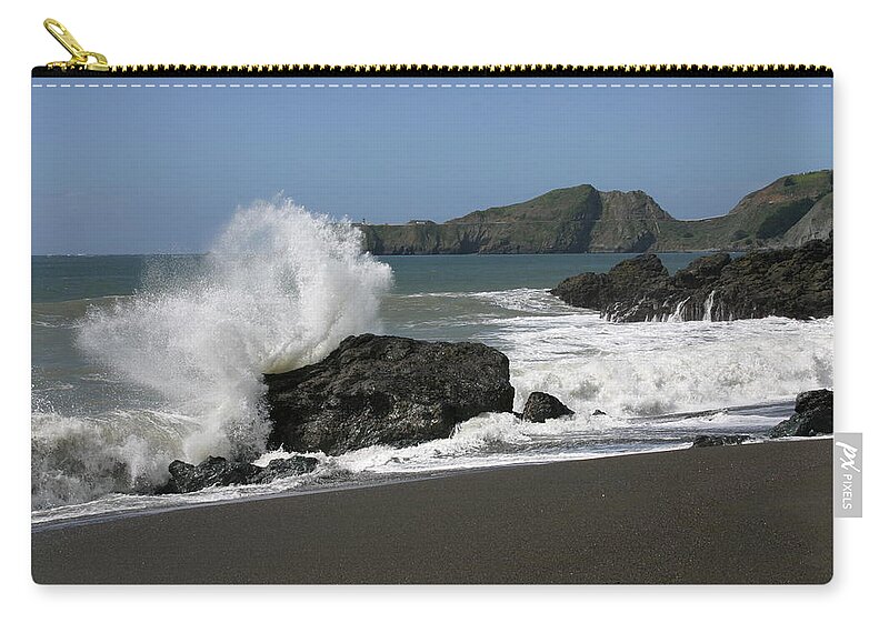 Black Zip Pouch featuring the photograph Black Sand Beach by Jeff Floyd CA