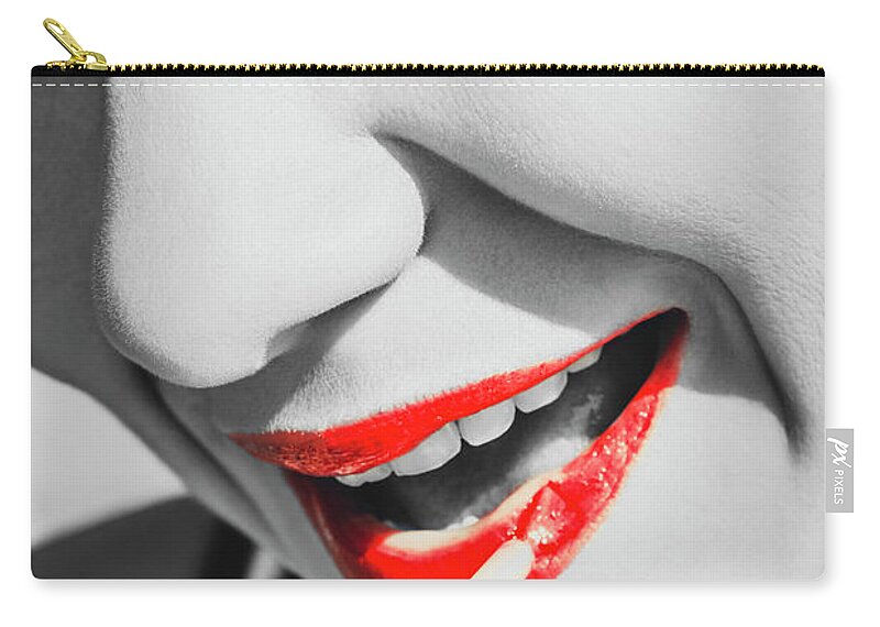 Lips Zip Pouch featuring the photograph Black white and red lipgloss pinup by Jorgo Photography