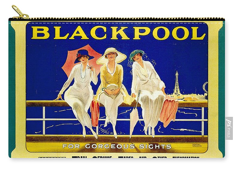 Blackpool Carry-all Pouch featuring the mixed media Blackpool, England - Retro Travel Advertising Poster - Three fashionable women - Vintage Poster - by Studio Grafiikka