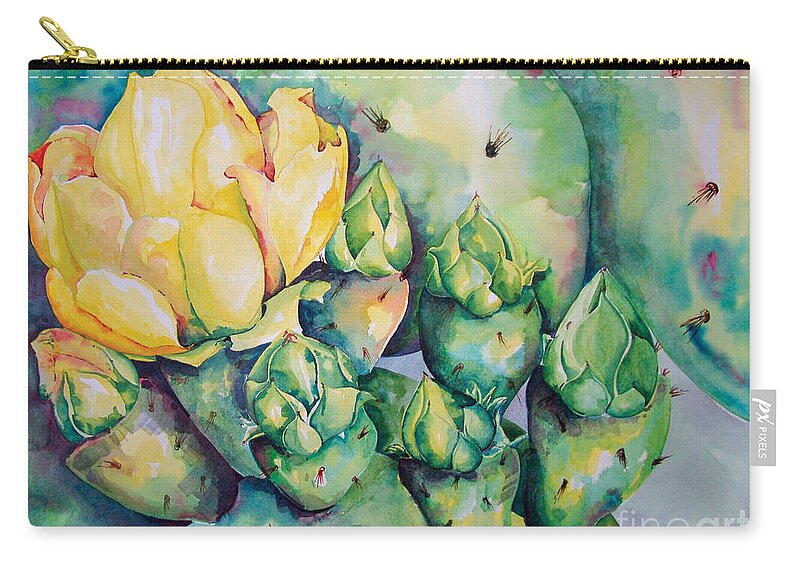 Desert Flowers Zip Pouch featuring the painting Blooming Cactus by Kandyce Waltensperger
