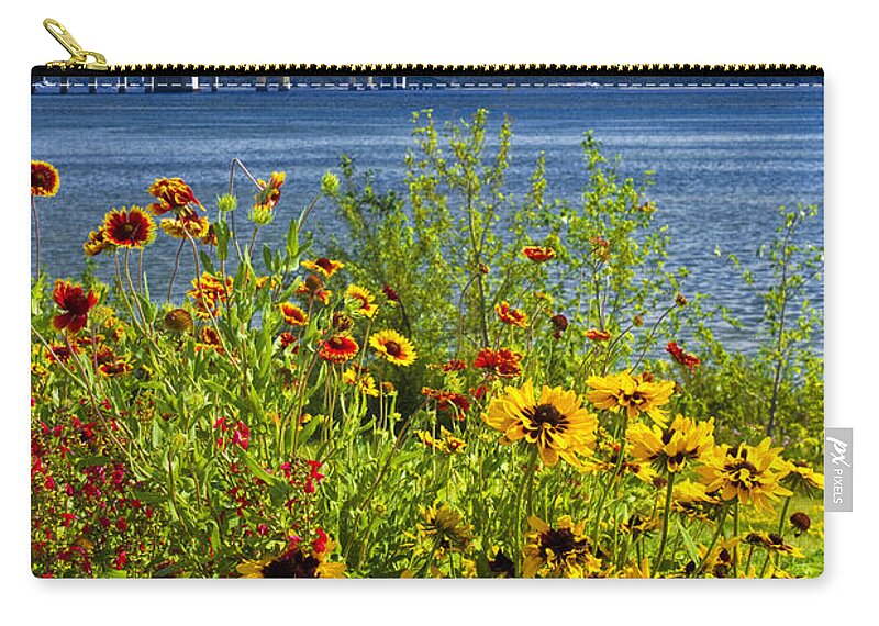 Michigan Zip Pouch featuring the photograph Blooming Flowers by the Bridge at the Straits of Mackinac by Randall Nyhof