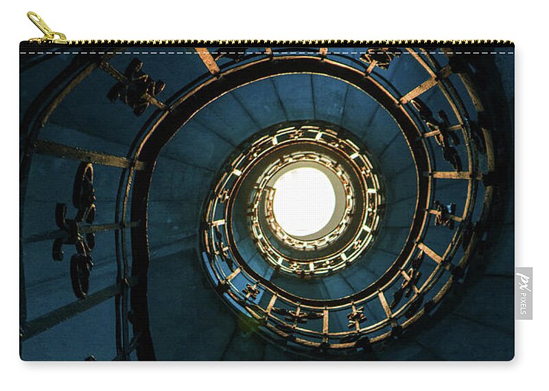 Blue Zip Pouch featuring the photograph Blue and golden spiral staircase by Jaroslaw Blaminsky