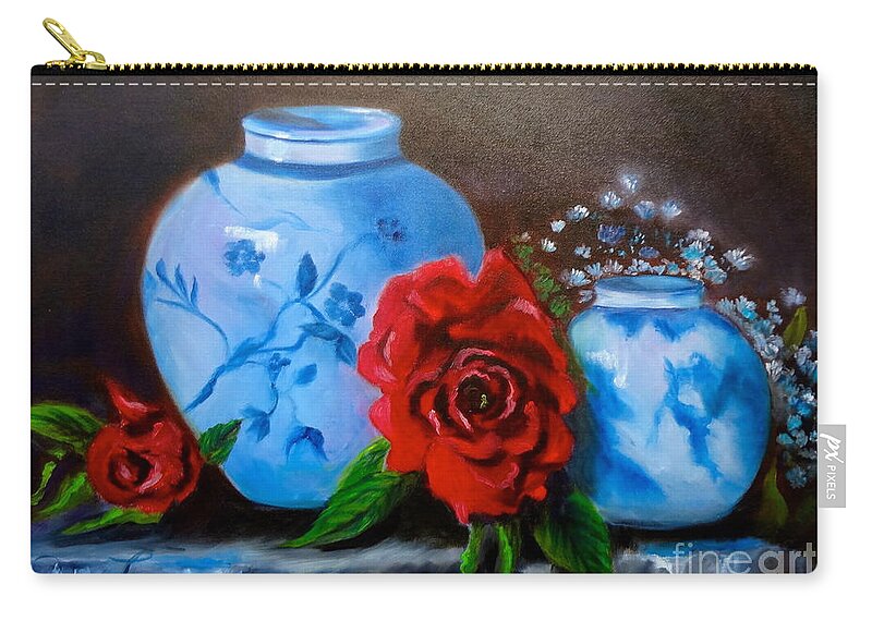Blue & White Pottery Zip Pouch featuring the painting Blue and White Pottery and Red Roses by Jenny Lee