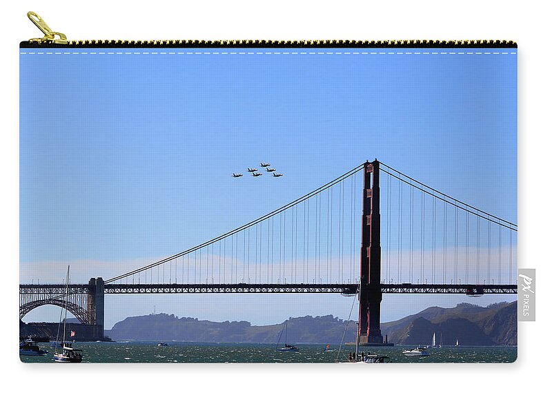 Blue Angels Zip Pouch featuring the photograph Blue Angels Over Golden Gate Bridge by Her Arts Desire