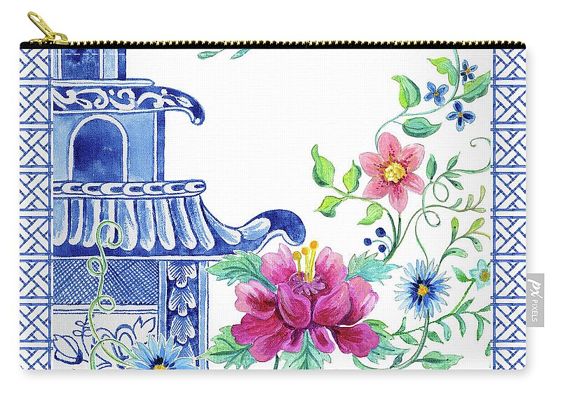 Chinese Carry-all Pouch featuring the painting Blue Asian Influence 10 Vintage Style Chinoiserie Floral Pagoda w Chinese Chippendale Border by Audrey Jeanne Roberts