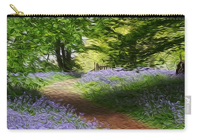 Bluebell Wood Zip Pouch featuring the digital art Blue bell wood, Journey to the gate by Vincent Franco