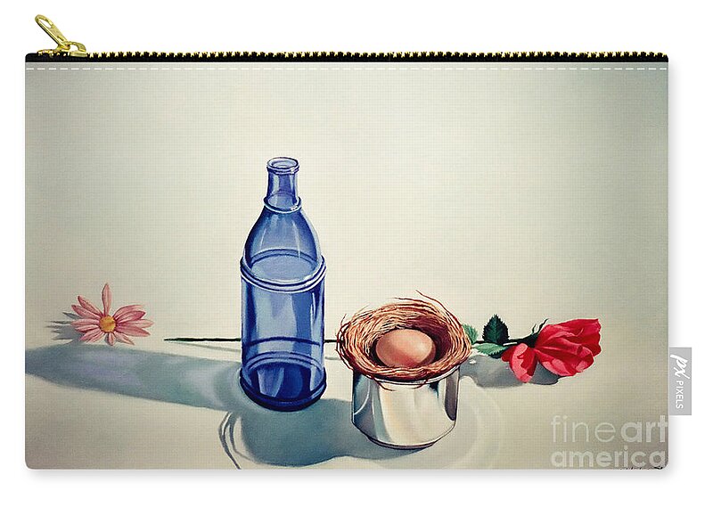 Bird Nest Zip Pouch featuring the painting Blue bottle flowers and bird nest by Christopher Shellhammer