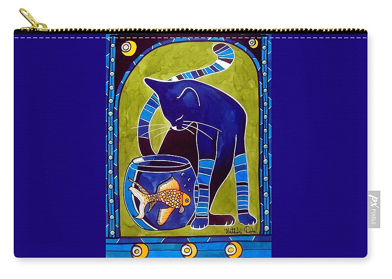 Cats Zip Pouch featuring the painting Blue Cat with Goldfish by Dora Hathazi Mendes