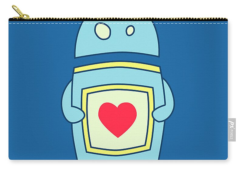Blue Zip Pouch featuring the digital art Blue Cute Clumsy Robot With Heart by Boriana Giormova