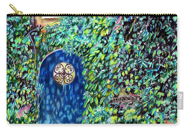 Ivy Zip Pouch featuring the painting Blue Door Green Ivy by Thomas Hamm