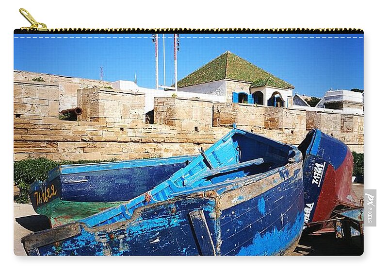 Still Life Zip Pouch featuring the photograph Blue fishing boat by Jarek Filipowicz
