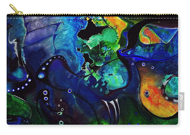 Abstractdigital Zip Pouch featuring the painting Blue, Green And Orange Scenery by Wolfgang Schweizer