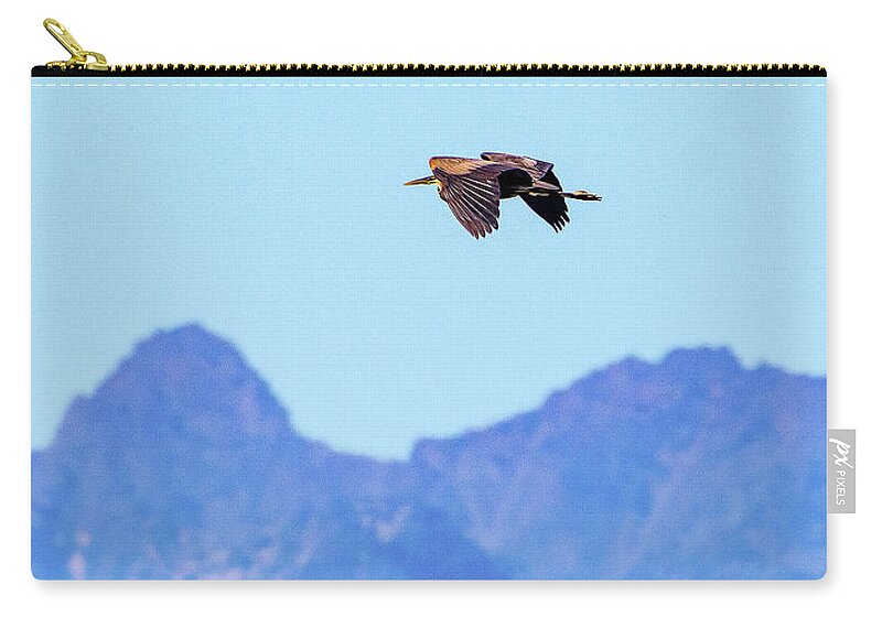 Blue Heron Zip Pouch featuring the photograph Blue Heron Flying Home by Timothy Anable
