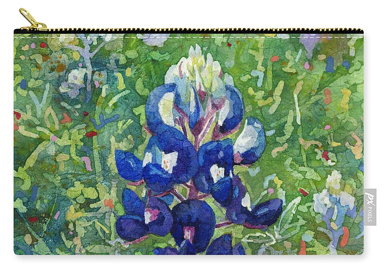 Bluebonnet Zip Pouch featuring the painting Blue in Bloom 2 by Hailey E Herrera