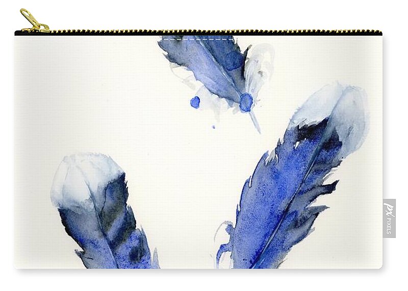 Watercolor Feathers Zip Pouch featuring the painting Blue Jay Feathers by Dawn Derman