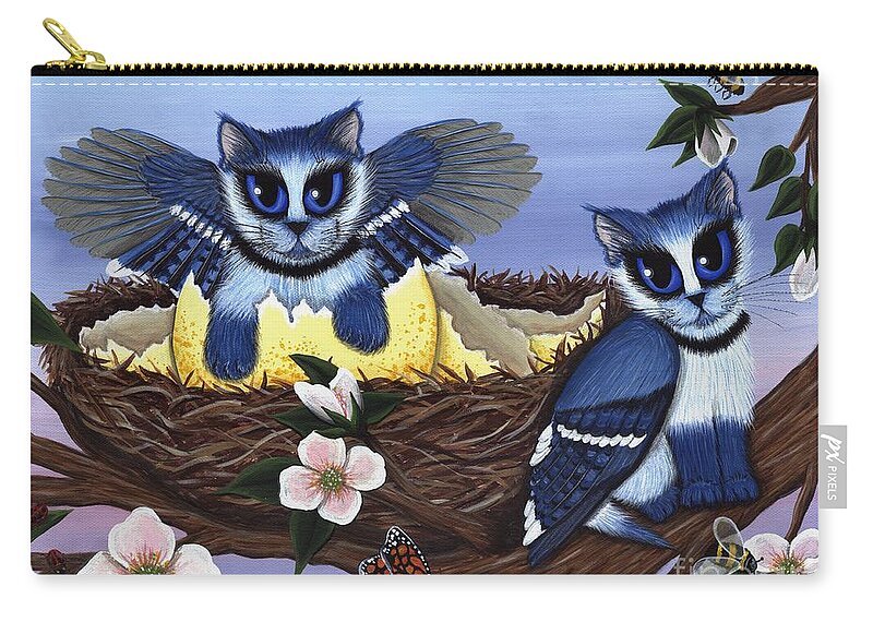 Blue Jays Zip Pouch featuring the painting Blue Jay Kittens by Carrie Hawks