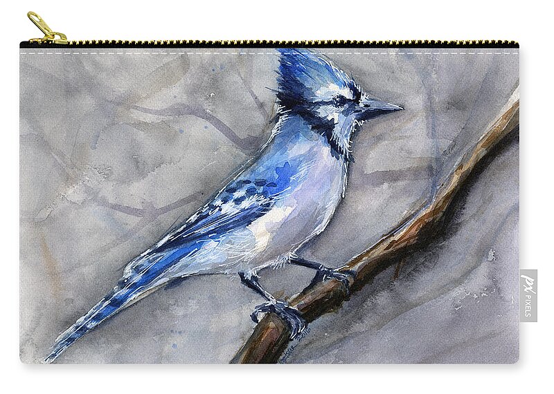 Animal Zip Pouch featuring the painting Blue Jay Watercolor by Olga Shvartsur