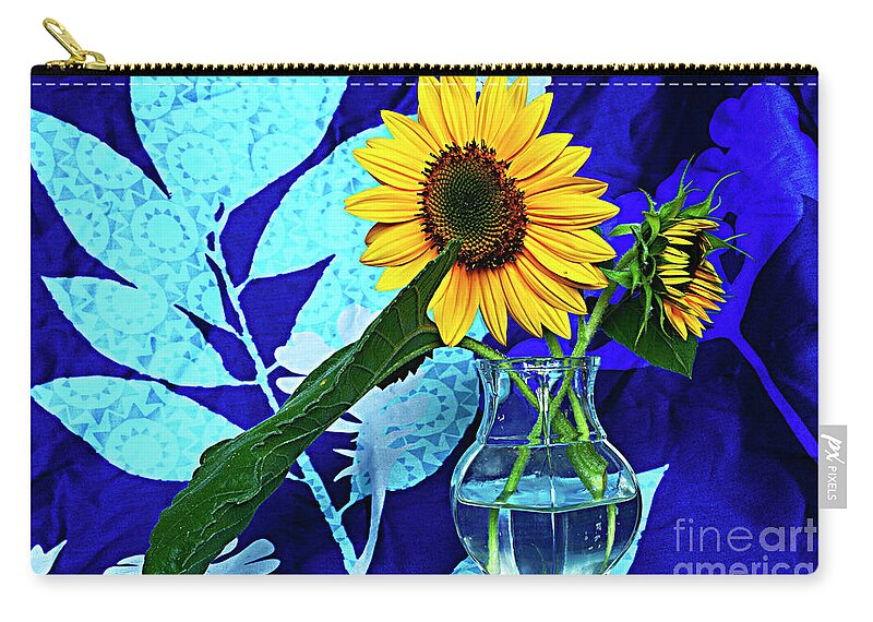 Bouquet Zip Pouch featuring the photograph Blue still life with bouquet of sunflowers in a glass vase. by Alexander Vinogradov