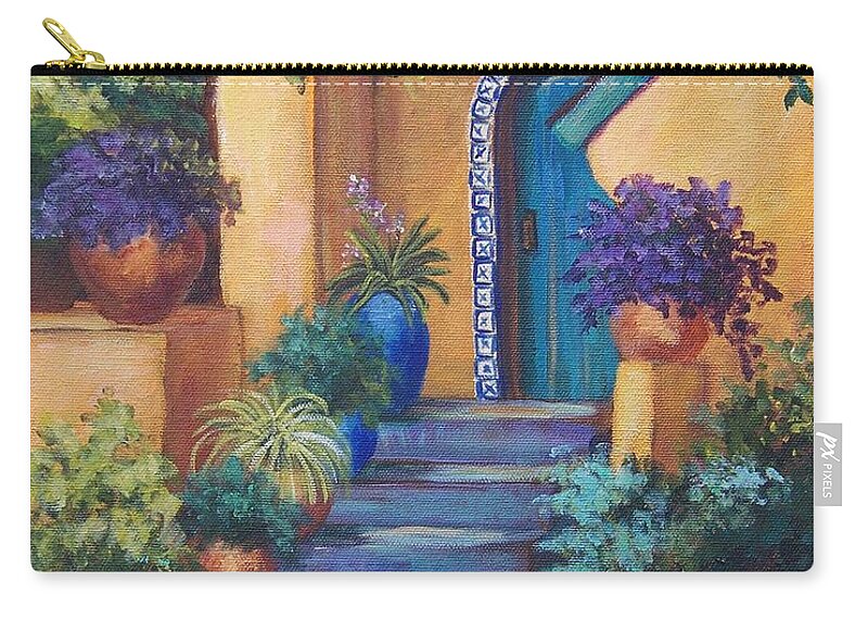 Adobe House Zip Pouch featuring the painting Blue Tile Steps by Candy Mayer