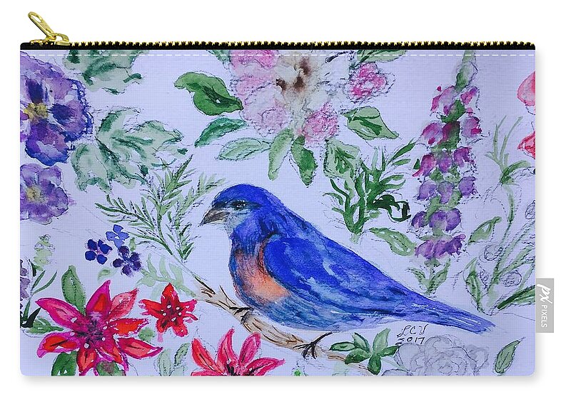 Bluebird Zip Pouch featuring the painting Bluebird in a garden by Lucille Valentino