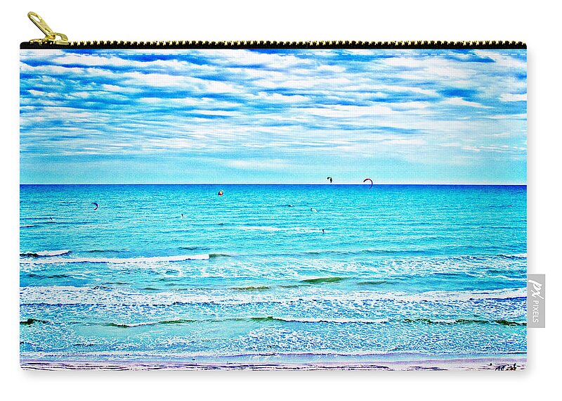 Padre Island Zip Pouch featuring the photograph Blustery Beach and Wind Surfers by Chas Sinklier