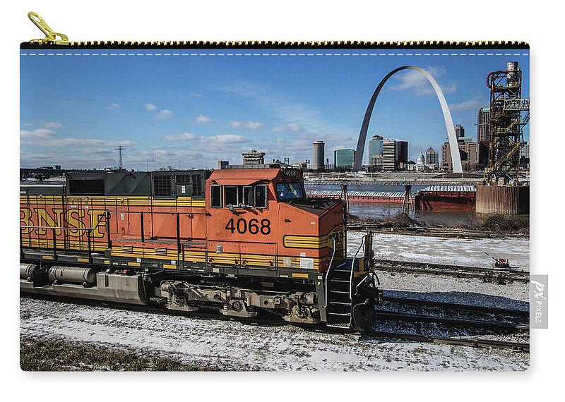 Mississippi River Zip Pouch featuring the photograph BNSF locomotive passing by the Arcj by Garry McMichael