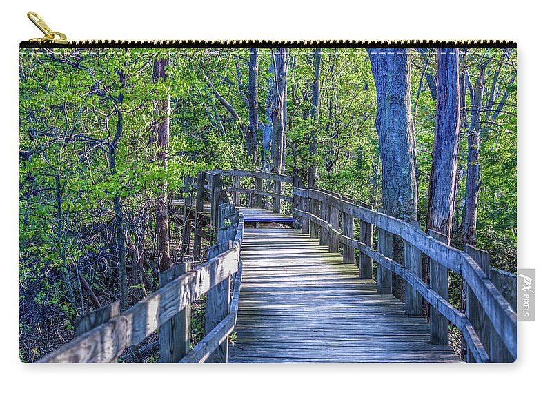Landscape Zip Pouch featuring the photograph Boardwalk Going Into the Woods by Lester Plank