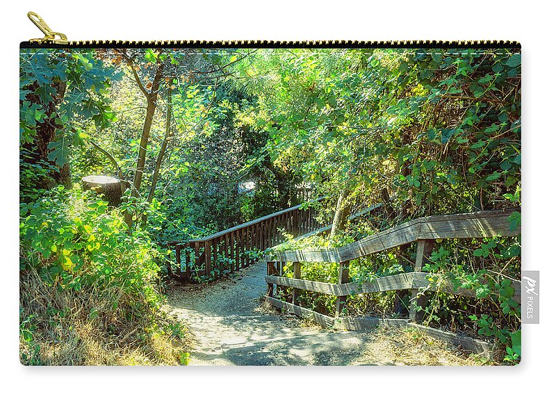 Trail Zip Pouch featuring the photograph Boardwalk in the Woods by Alison Frank