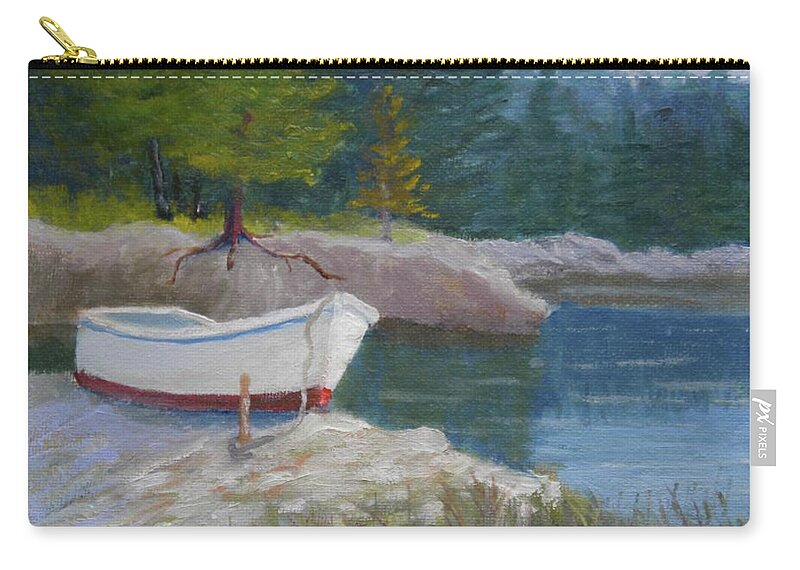 Landscape Boat River Rocks Trees Grass Dock Zip Pouch featuring the painting Boat On Tidal River by Scott W White