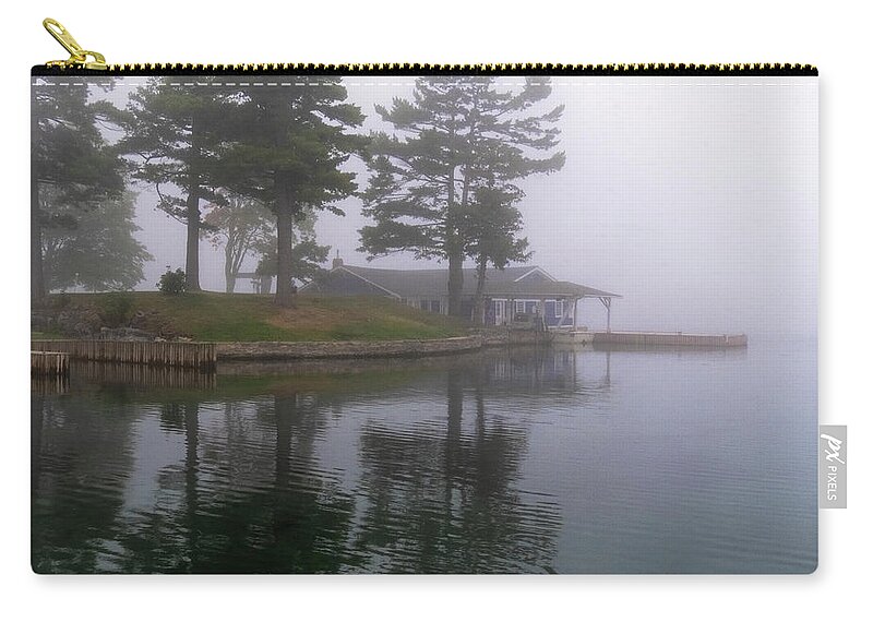 St Lawrence Seaway Zip Pouch featuring the photograph Boathouse In Fog by Tom Singleton