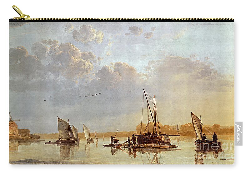 Boats On A River Zip Pouch featuring the painting Boats on a River by Aelbert Cuyp by Aelbert Cuyp