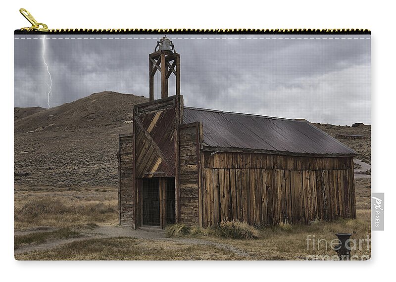 Sandra Bronstein Zip Pouch featuring the photograph Bodie Fire Station with Lightning by Sandra Bronstein