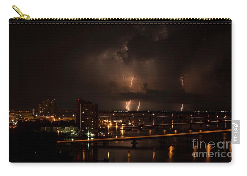 Lightning Zip Pouch featuring the photograph Bolts and Bridges by Quinn Sedam