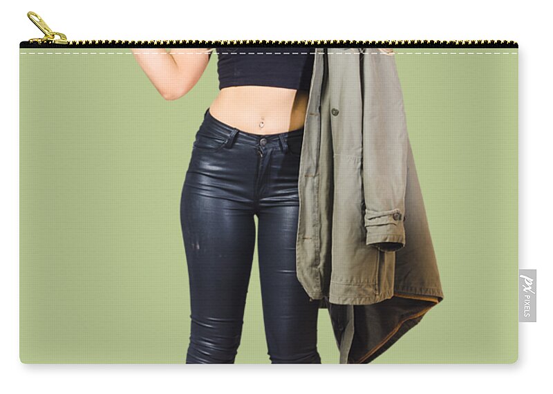 Pinup Zip Pouch featuring the photograph Bombshell blond pinup woman in dangerous style by Jorgo Photography