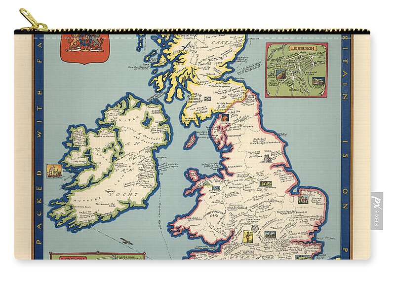 Booklovers Map Of The British Isles Zip Pouch featuring the drawing Booklovers map of the British Isles - Pictorial Map - Antique Illustrated Map by Studio Grafiikka